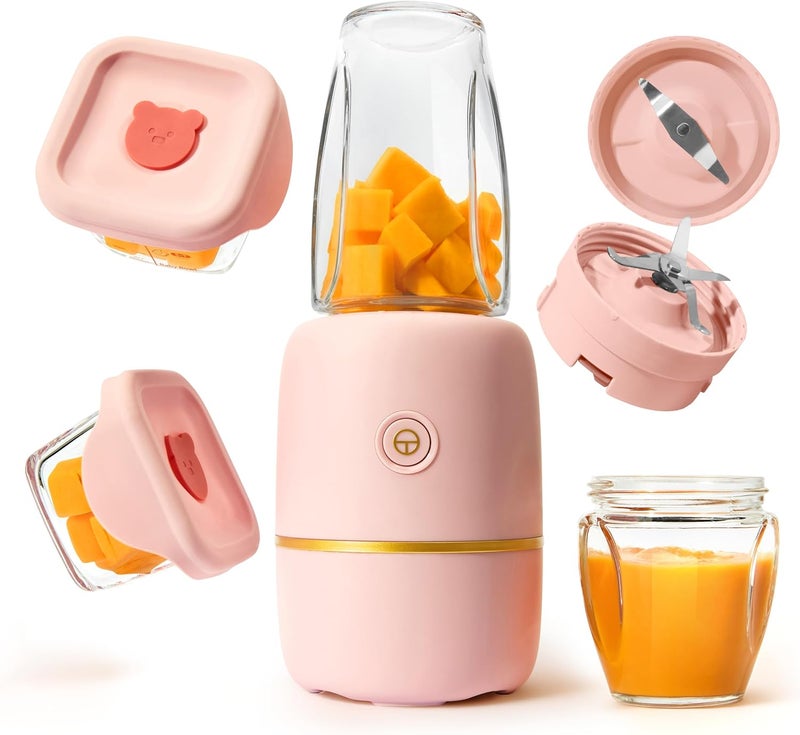 Kwiplee Bubble Blender, Baby Food Maker & Puree Blender with 2 Borosilicate Glass Cups, Compact Baby Bullet for Smoothies, Hands-Free One-Touch, 200W Motor, Rose - Image 1